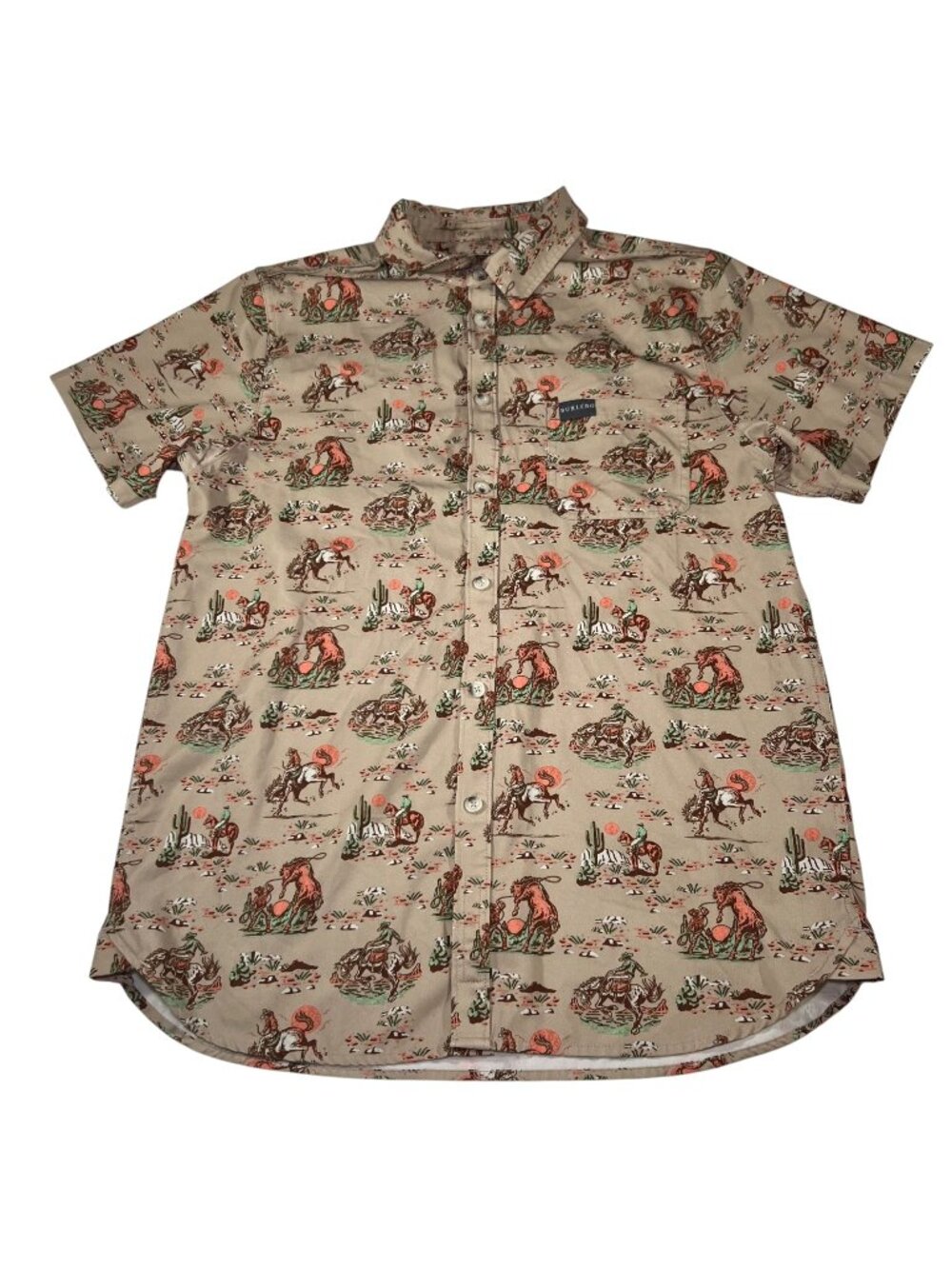 Burlebo Performance Mens Button Up Short Sleeve Shirt Cowboy Print Size Medium
